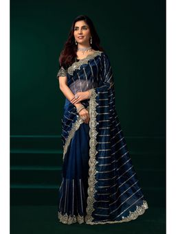 Elora - Women Navy Blue Net Embroidered Saree with Unstitched Blouse
