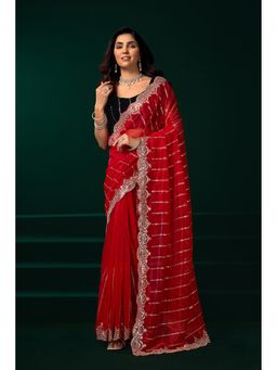 Elora - Women Red Net Embroidered Saree with Unstitched Blouse