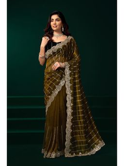 Elora - Women Green Net Embroidered Saree with Unstitched Blouse