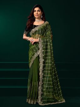 Elora - Women Green Net Embroidered Saree with Unstitched Blouse