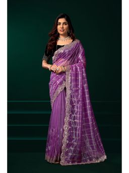 Elora - Women Lavender Net Embroidered Saree with Unstitched Blouse