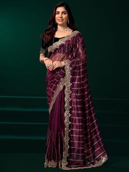 Elora - Women Purple Net Embroidered Saree with Unstitched Blouse