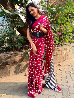 Mysilklove - Women Red Satin Geometric Saree with Unstitched Blouse