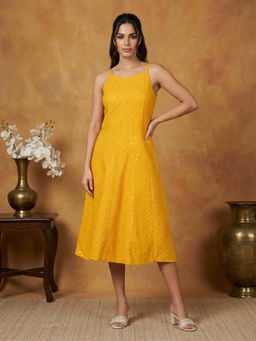 Jompers - Women Mustard Viscose Rayon Embellished Dress