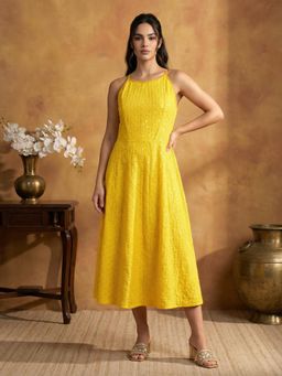 Jompers - Women Yellow Viscose Rayon Embellished Dress