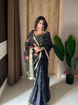 Mysilklove - Women Black Cotton Woven Saree with Unstitched Blouse