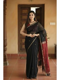 Anjaneya Sarees - Women Black Cotton Woven Saree with Unstitched Blouse