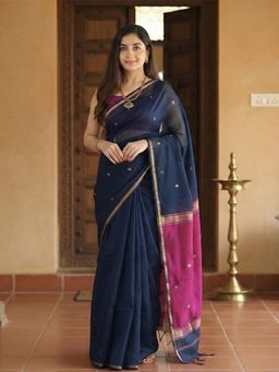 Anjaneya Sarees - Women Blue Cotton Woven Saree with Unstitched Blouse
