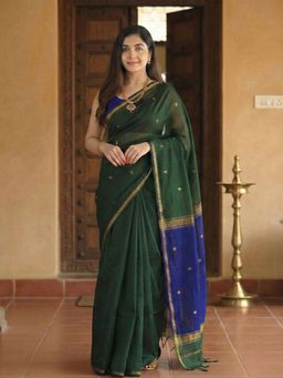 Anjaneya Sarees - Women Green Cotton Woven Saree with Unstitched Blouse