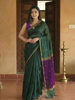 Anjaneya Sarees - Women Green Cotton Woven Saree with Unstitched Blouse