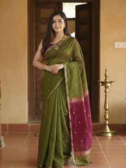 Anjaneya Sarees - Women Green Cotton Woven Saree with Unstitched Blouse