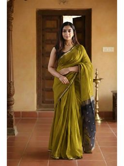 Anjaneya Sarees - Women Mustard Cotton Woven Saree with Unstitched Blouse