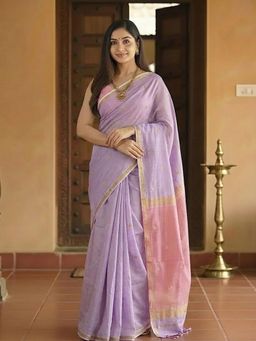 Anjaneya Sarees - Women Pink Cotton Woven Saree with Unstitched Blouse