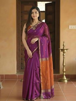 Anjaneya Sarees - Women Purple Cotton Woven Saree with Unstitched Blouse