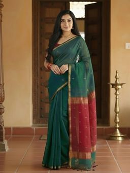 Anjaneya Sarees - Women Green Cotton Woven Saree with Unstitched Blouse