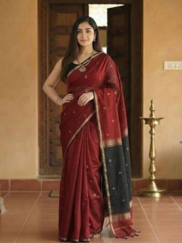 Anjaneya Sarees - Women Red Cotton Woven Saree with Unstitched Blouse