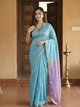 Anjaneya Sarees - Women Teal Cotton Woven Saree with Unstitched Blouse