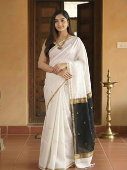 Anjaneya Sarees - Women White Cotton Woven Saree with Unstitched Blouse