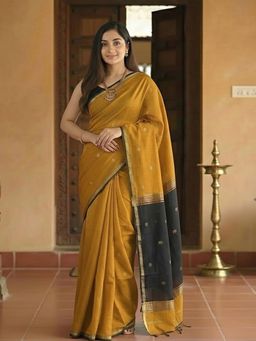 Anjaneya Sarees - Women Yellow Cotton Woven Saree with Unstitched Blouse
