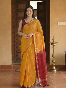 Anjaneya Sarees - Women Yellow Cotton Woven Saree with Unstitched Blouse