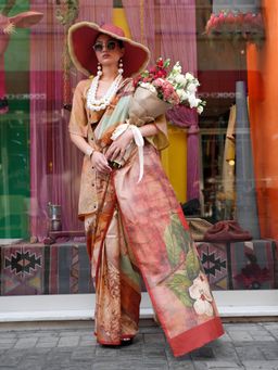 Elora - Women Multi-Color Silk Blend Floral Saree with Unstitched Blouse