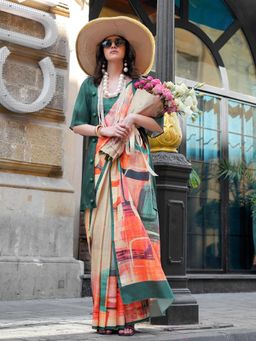 Elora - Women Multi-Color Silk Blend Geometric Saree with Unstitched Blouse