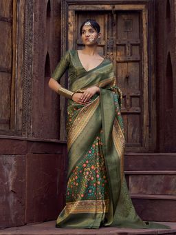Elora - Women Olive Silk Blend Woven Saree with Unstitched Blouse