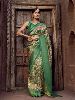 Elora - Women Green Silk Blend Woven Saree with Unstitched Blouse