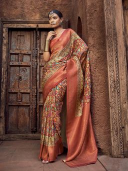 Elora - Women Peach Silk Blend Woven Saree with Unstitched Blouse
