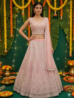 Chhabra 555 - Pink Net Embroidered Lehenga with Choli and Dupatta