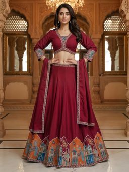 Chhabra 555 - Maroon Silk Blend Embroidered Lehenga with Choli and Dupatta