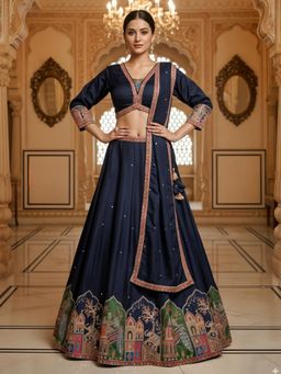 Chhabra 555 - Navy Blue Silk Blend Embroidered Lehenga with Choli and Dupatta