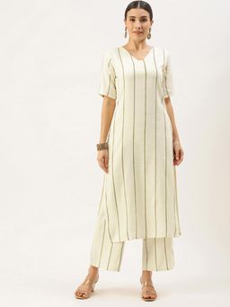 Shaily - Women Off White Striped Regular Cotton Kurta With Palazzos (set Of 2)
