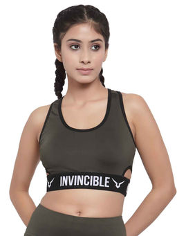 INVINCIBLE - Olive Green Womens Functional Pocket Sports Bra