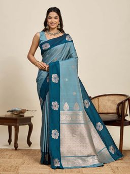Suha - Turquoise Blue Floral Woven Soft Art Silk Zari Saree with Unstitched Blouse