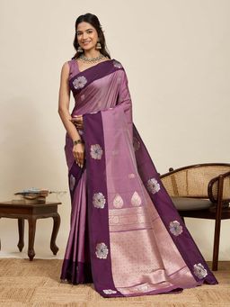 Suha - Wine Floral Woven Soft Art Silk Zari Saree with Unstitched Blouse