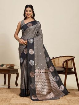 Suha - Grey Paisley Woven Soft Art Silk Zari Saree with Unstitched Blouse