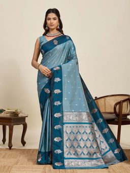 Suha - Turquoise Soft Art Silk Zari Woven Saree with Unstitched Blouse