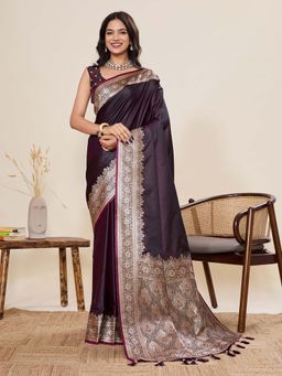 Suha - Burgundy Satin Silk Ethnic Motifs Woven Saree with Unstitched Blouse