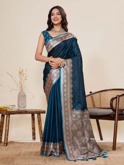 Suha - Dark Teal Satin Silk Ethnic Motifs Woven Saree with Unstitched Blouse