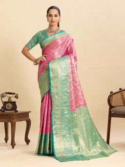 Suha - Green and Pink Semi Art Silk Woven Design Saree with Unstitched Blouse