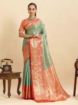 Suha - Sea Green and Orange Semi Art Silk Woven Design Saree with Unstitched Blouse