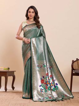 Suha - Green Soft Art Silk Floral Print Paithani Saree with Unstitched Blouse