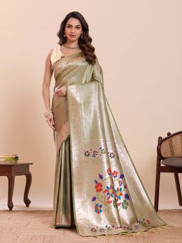Suha - Light Green and Golden Soft Art Silk Floral Print Paithani Saree with Unstitched Blouse