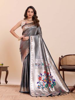 Suha - Navy and Silver Soft Art Silk Floral Print Paithani Saree with Unstitched Blouse