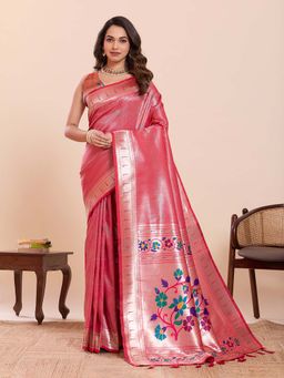 Suha - Pink and Blue Soft Art Silk Floral Print Paithani Saree with Unstitched Blouse