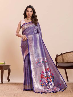 Suha - Navy Blue and Red Soft Art Silk Floral Print Paithani Saree with Unstitched Blouse
