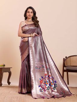 Suha - Wine and Silver Soft Art Silk Floral Paithani Saree with Unstitched Blouse