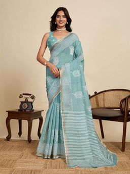 Suha - Blue and White Cotton Linen Printed Saree with Unstitched Blouse