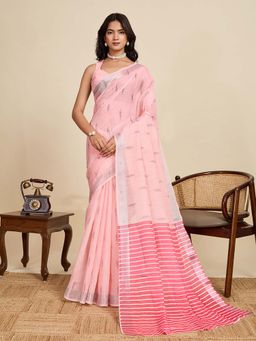 Suha - Pink Cotton Linen Printed Saree with Unstitched Blouse
